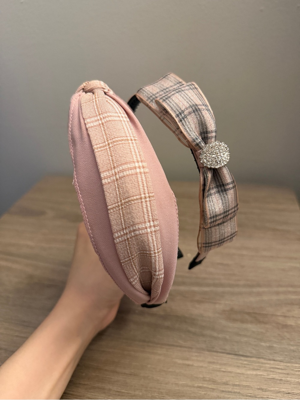 Plaid Pink Knotted Headband with Crystal Accent Set 2 - Picture 3 of 7